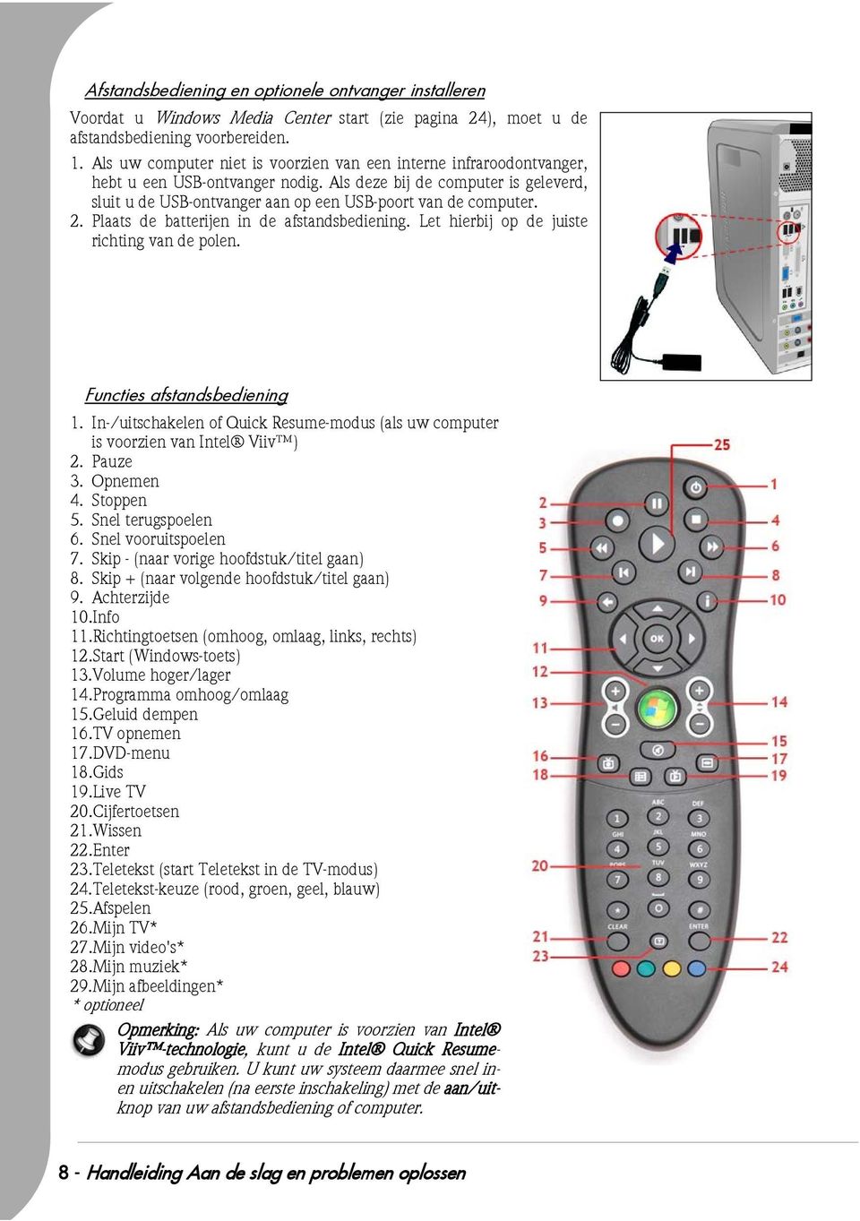 Als deze bij de computer is geleverd, sluit u de USB-ontvanger aan op een USB-poort van de computer. 2. Plaats de batterijen in de afstandsbediening. Let hierbij op de juiste richting van de polen.