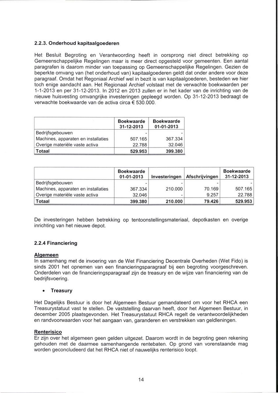 Omdat het Regoniaal Archief wel in bezit is van kapitaalgoederen, besteden we hier toch enige aandacht aan. Het Regionaal Archief volstaat met de verwachte boekwaarden per 1-1-2013 en per 31-12-2013.