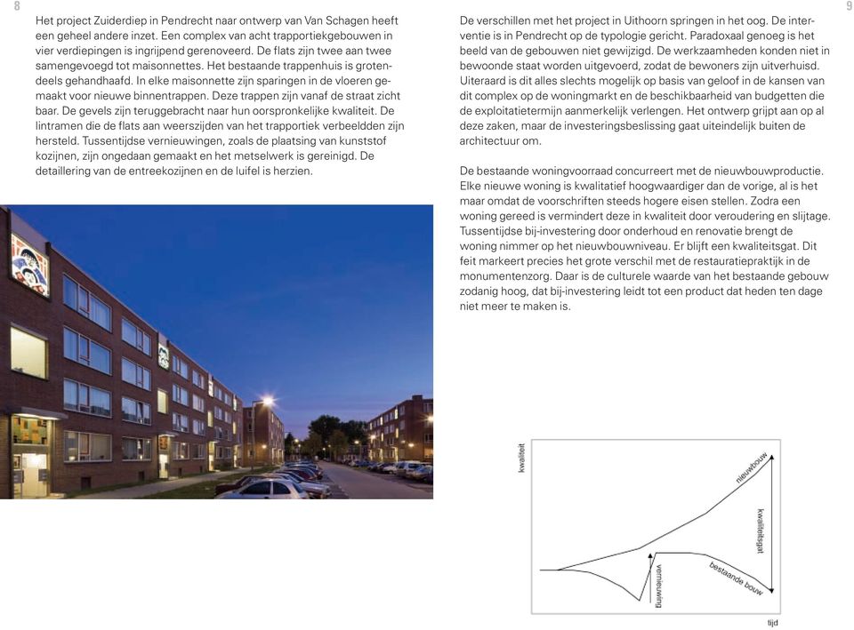 Deze trappen zijn vanaf de straat zicht baar. De gevels zijn teruggebracht naar hun oorspronkelijke kwaliteit. De lintramen die de flats aan weerszijden van het trapportiek verbeeldden zijn hersteld.