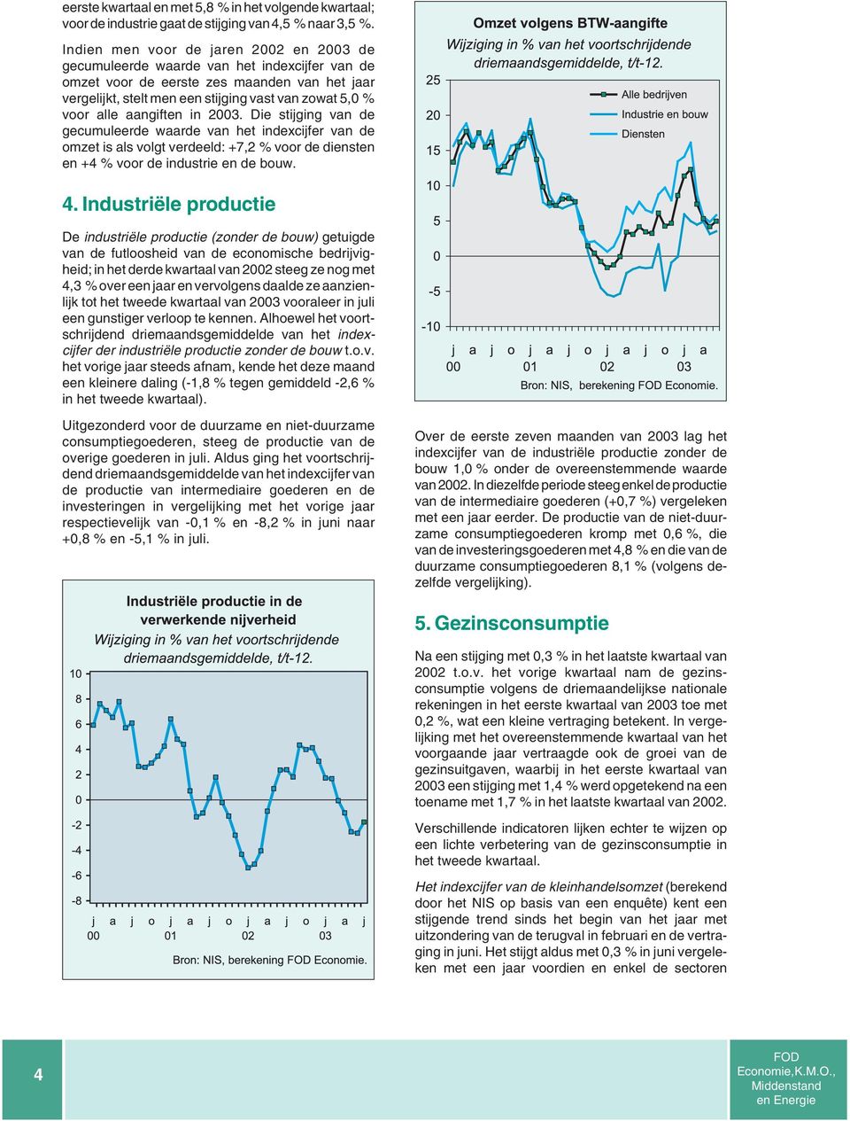 aangiften in 2003. Die stijging van de gecumuleerde waarde van het indexcijfer van de omzet is als volgt verdeeld: +7,2 % voor de diensten en +4 % voor de industrie en de bouw. 4.