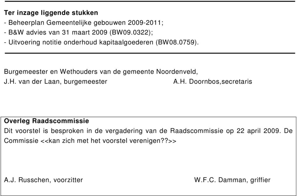 H. van der Laan, burgemeester A.H. Doornbos,secretaris Overleg Raadscommissie Dit voorstel is besproken in de vergadering van