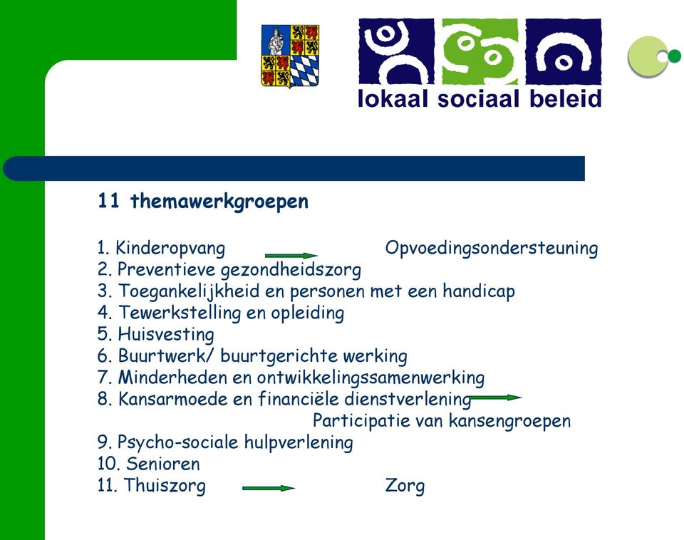 Buurtwerk/ buurtgerichte werking 7. Minderheden en ontwikkelingssamenwerking 8.