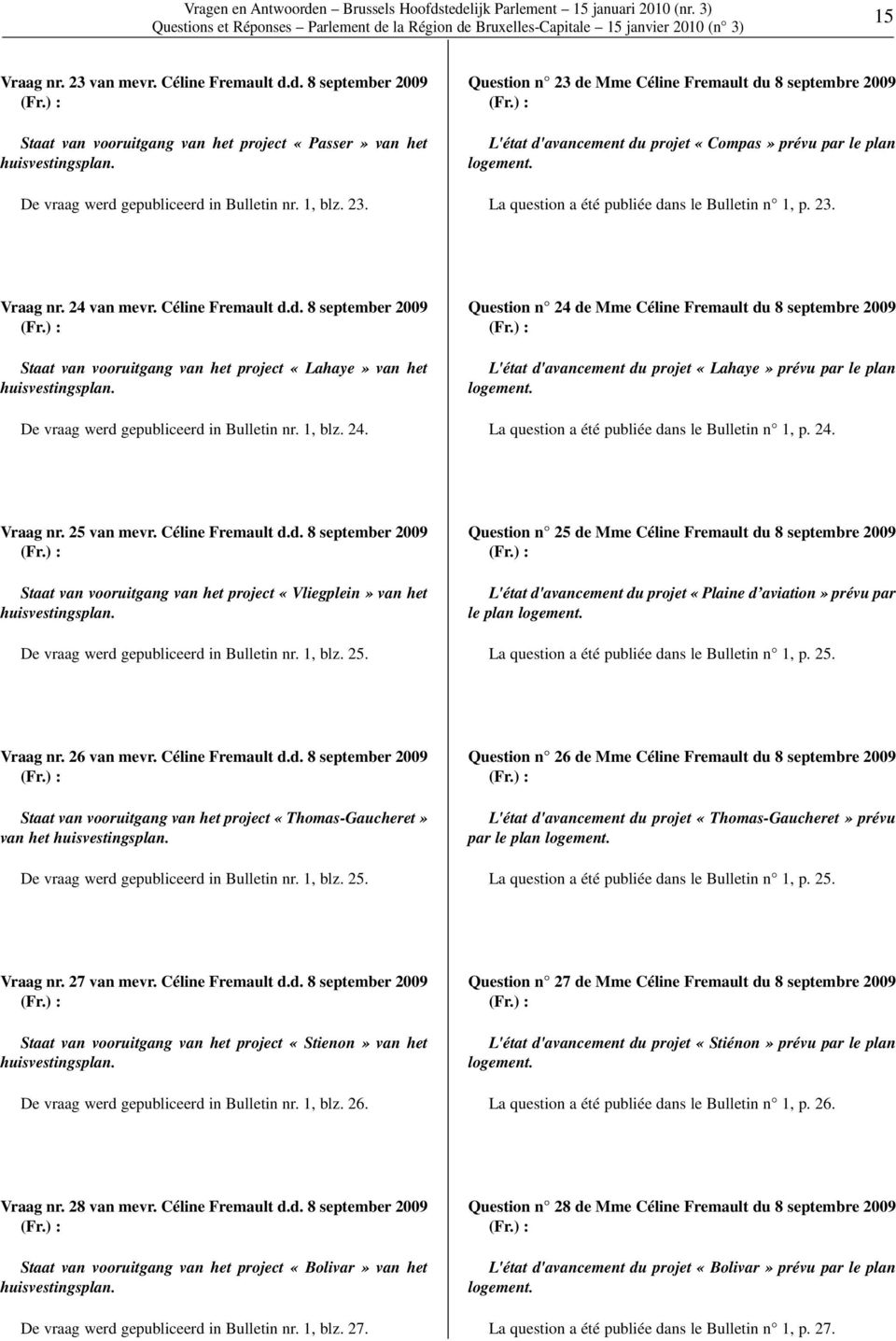 La question a été publiée dans le Bulletin n 1, p. 23. Vraag nr. 24 van mevr. Céline Fremault d.d. 8 september 2009 Staat van vooruitgang van het project «Lahaye» van het huisvestingsplan.