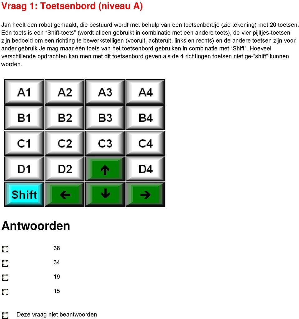 bewerkstelligen (vooruit, achteruit, links en rechts) en de andere toetsen zijn voor ander gebruik Je mag maar één toets van het toetsenbord gebruiken