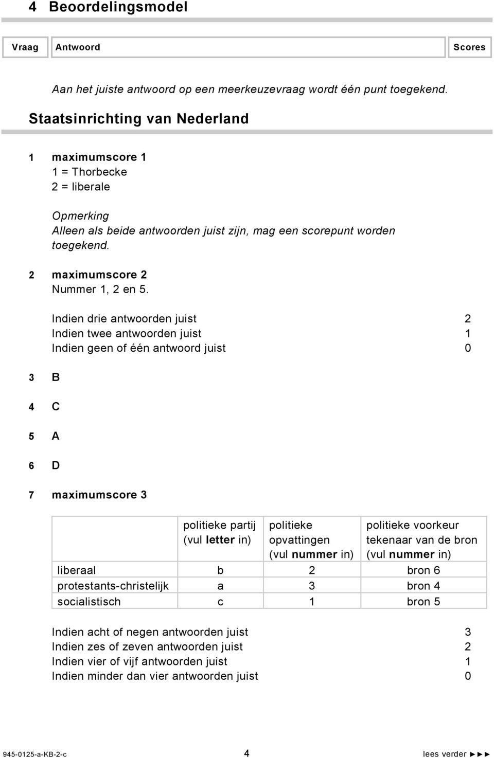 Indien drie antwoorden juist 2 Indien twee antwoorden juist 1 Indien geen of één antwoord juist 0 3 B 4 C 5 A 6 D 7 maximumscore 3 politieke partij (vul letter in) politieke opvattingen (vul nummer
