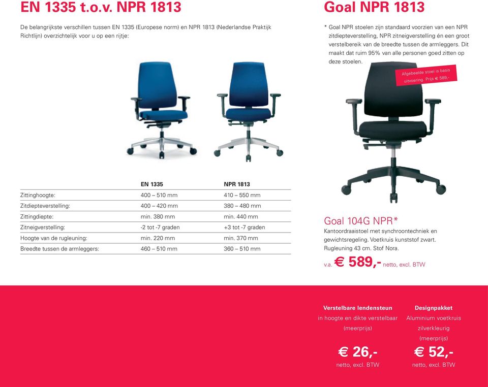 voorzien van een NPR zitdiepteverstelling, NPR zitneigverstelling én een groot verstelbereik van de breedte tussen de armleggers. Dit maakt dat ruim 95% van alle personen goed zitten op deze stoelen.