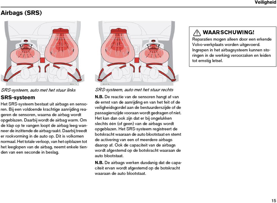 SRS-systeem, auto met het stuur links SRS-systeem Het SRS-systeem bestaat uit airbags en sensoren. Bij een voldoende krachtige aanrijding reageren de sensoren, waarna de airbag wordt opgeblazen.