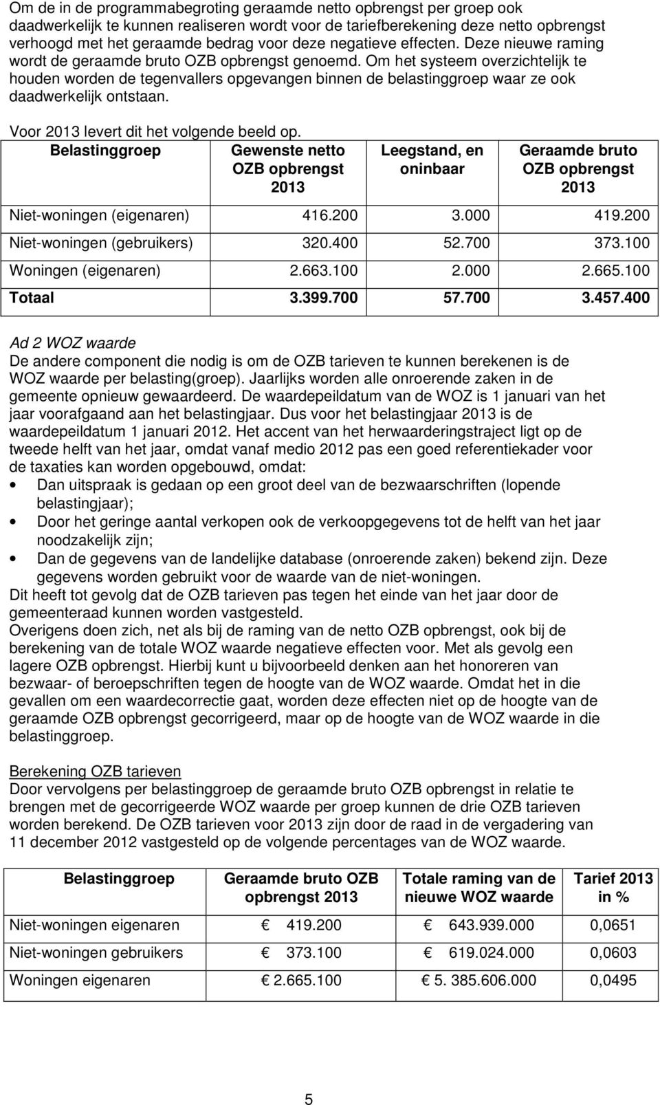 Om het systeem overzichtelijk te houden worden de tegenvallers opgevangen binnen de belastinggroep waar ze ook daadwerkelijk ontstaan. Voor 2013 levert dit het volgende beeld op.