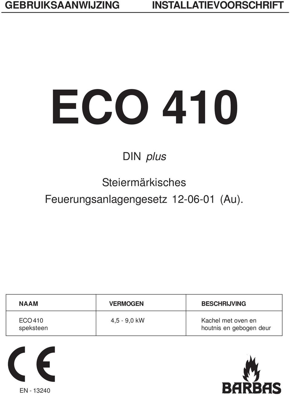 (Au). NAAM VERMOGEN BESCHRIJVING ECO 410 4,5-9,0 kw
