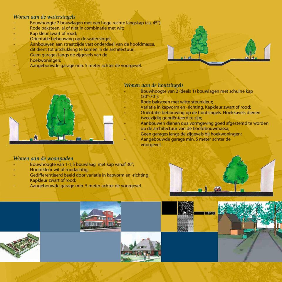 uitdrukking te komen in de architectuur; Geen garages langs de zijgevels van de hoekwoningen; -nj Aangebouwde garage min. 5 meter achter de voorgevel.