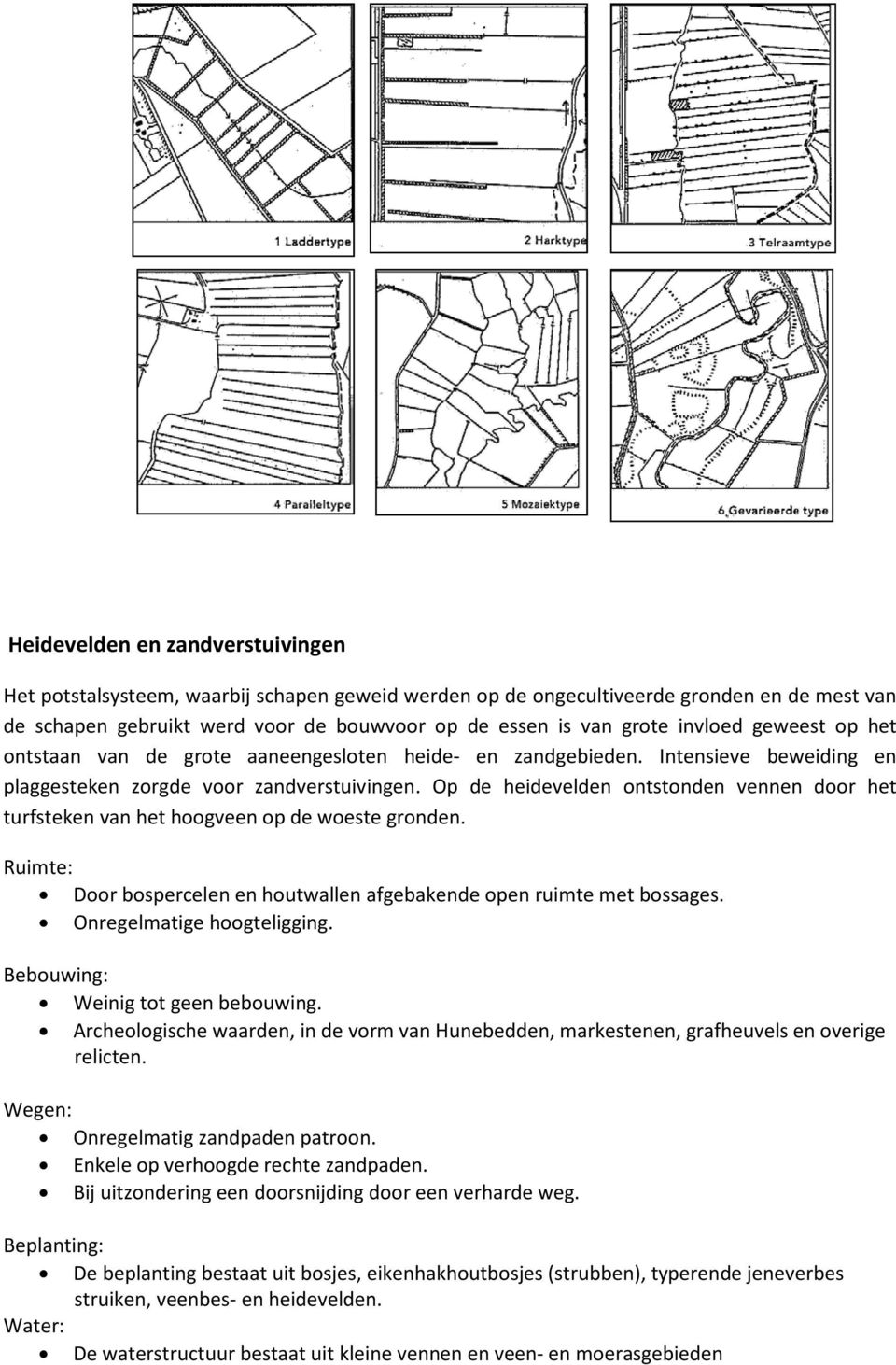 Op de heidevelden ontstonden vennen door het turfsteken van het hoogveen op de woeste gronden. Door bospercelen en houtwallen afgebakende open ruimte met bossages. Onregelmatige hoogteligging.