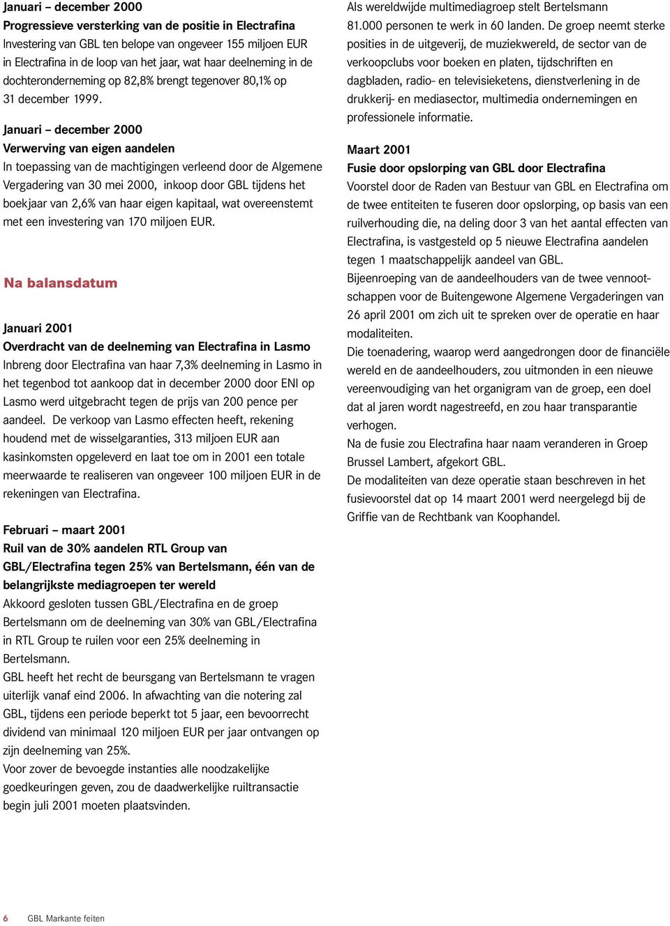 Januari december 2000 Verwerving van eigen aandelen In toepassing van de machtigingen verleend door de Algemene Vergadering van 30 mei 2000, inkoop door GBL tijdens het boekjaar van 2,6% van haar