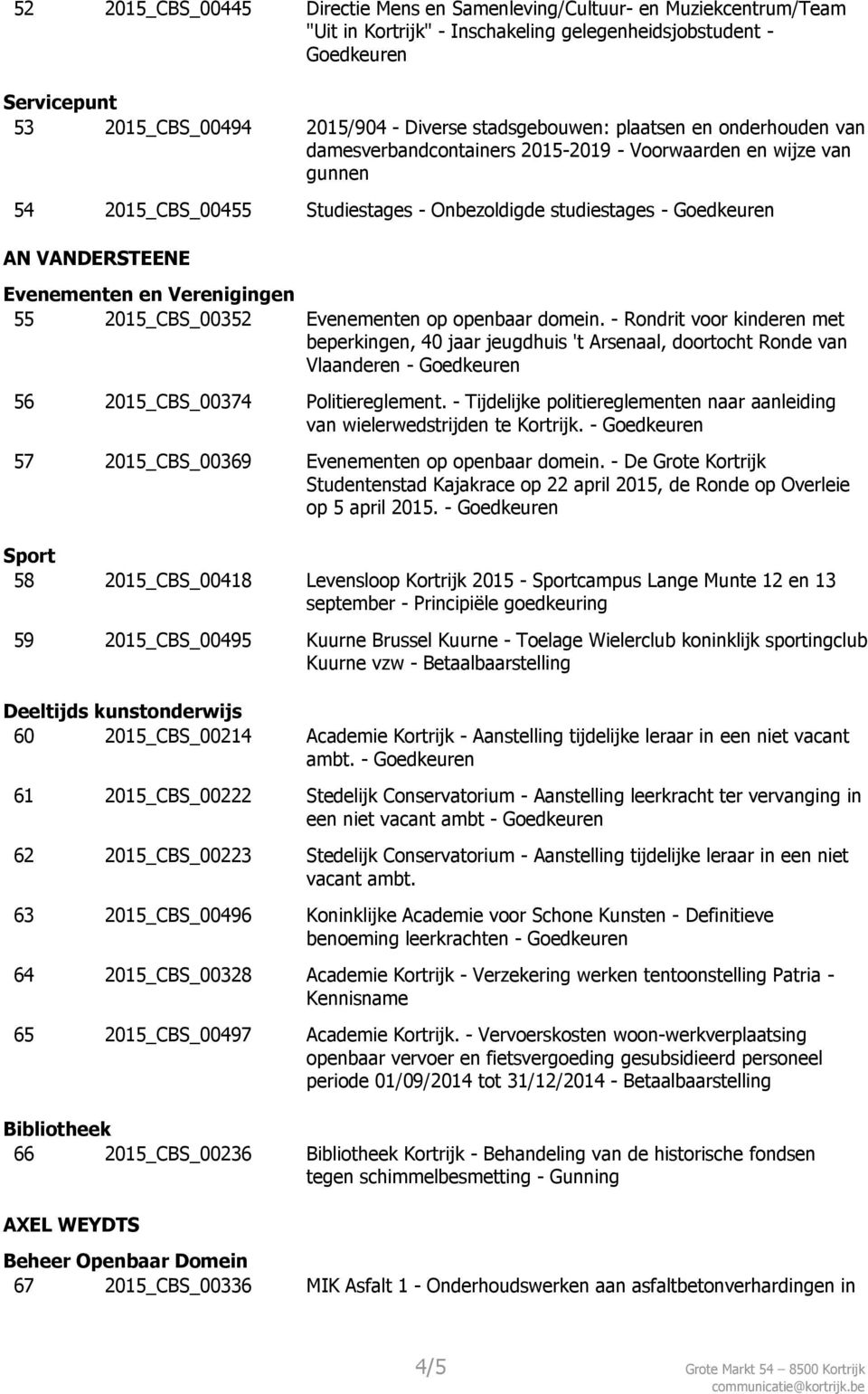 2015_CBS_00352 Evenementen op openbaar domein. - Rondrit voor kinderen met beperkingen, 40 jaar jeugdhuis 't Arsenaal, doortocht Ronde van Vlaanderen - 56 2015_CBS_00374 Politiereglement.