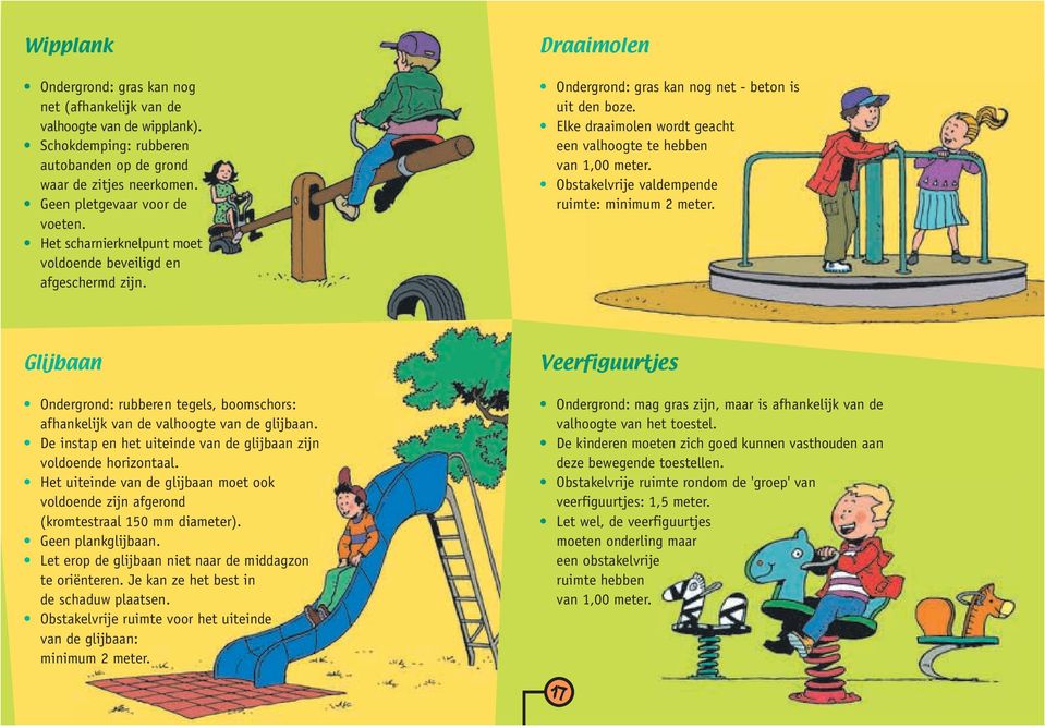 Elke draaimolen wordt geacht een valhoogte te hebben van 1,00 meter. Obstakelvrije valdempende ruimte: minimum 2 meter.