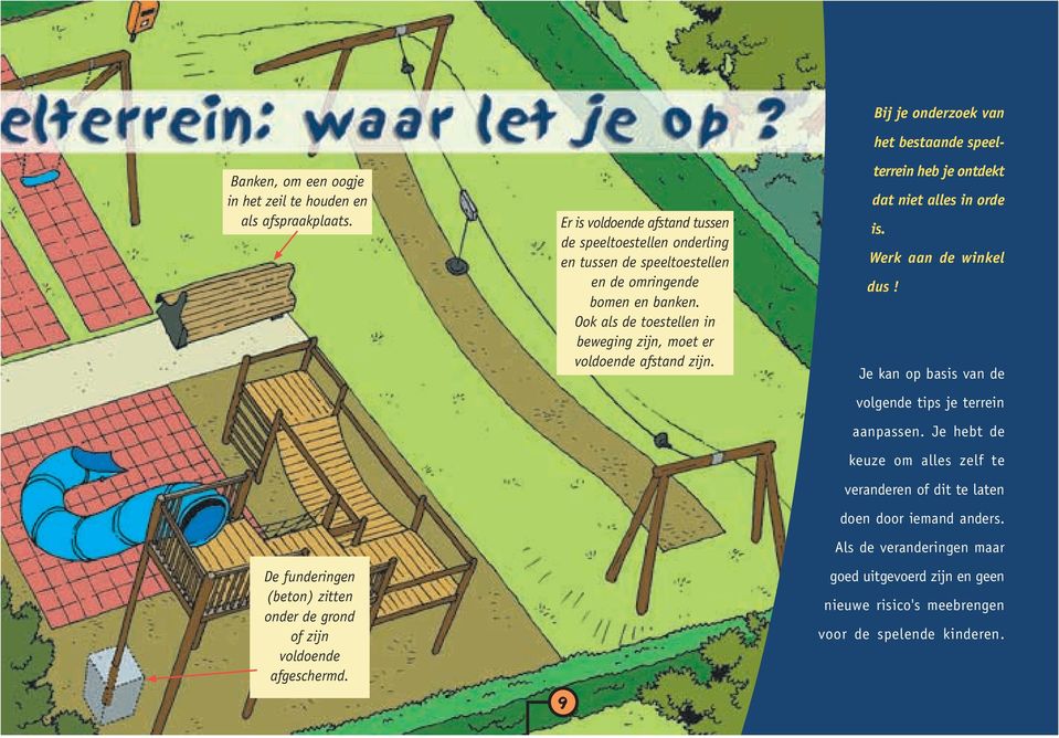 Ook als de toestellen in beweging zijn, moet er voldoende afstand zijn. 9 Bij je onderzoek van het bestaande speelterrein heb je ontdekt dat niet alles in orde is.