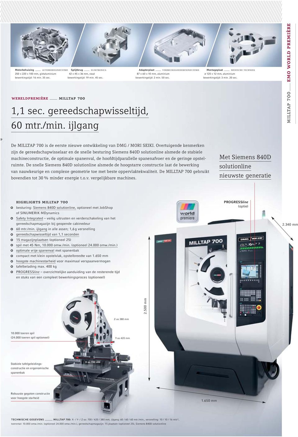 ijlgang Montageplaat medische techniek ø 120 12 mm, aluminium bewerkingstijd: 3 min. 20 sec. milltap 700 emo world première De MILLTAP 700 is de eerste nieuwe ontwikkeling van DMG / MORI SEIKI.