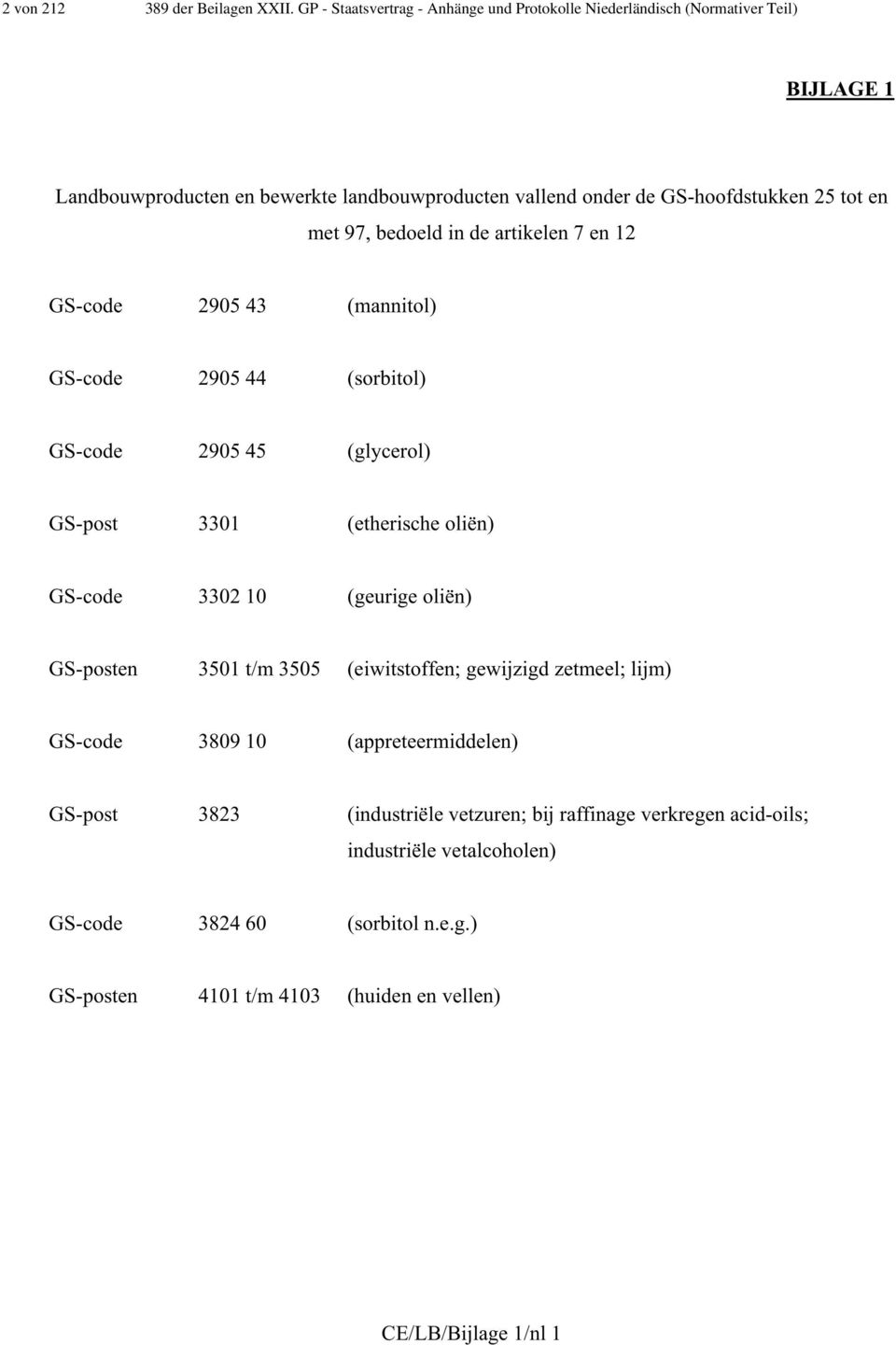 tot en met 97, bedoeld in de artikelen 7 en 12 GS-code 2905 43 (mannitol) GS-code 2905 44 (sorbitol) GS-code 2905 45 (glycerol) GS-post 3301 (etherische oliën) GS-code 3302