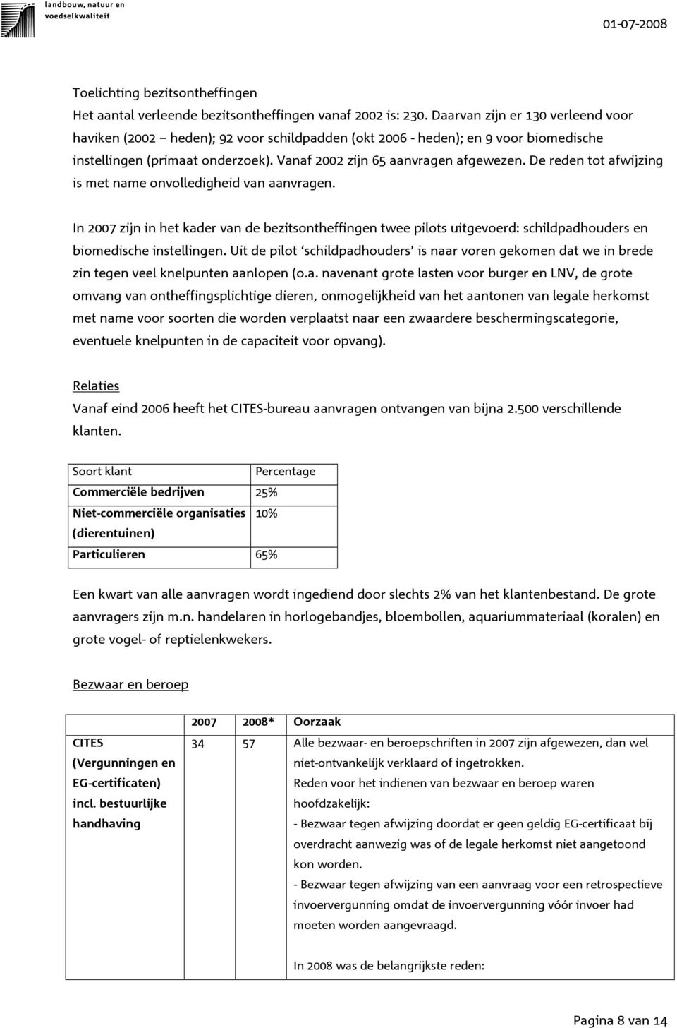 De reden tot afwijzing is met name onvolledigheid van aanvragen. In 2007 zijn in het kader van de bezitsontheffingen twee pilots uitgevoerd: schildpadhouders en biomedische instellingen.