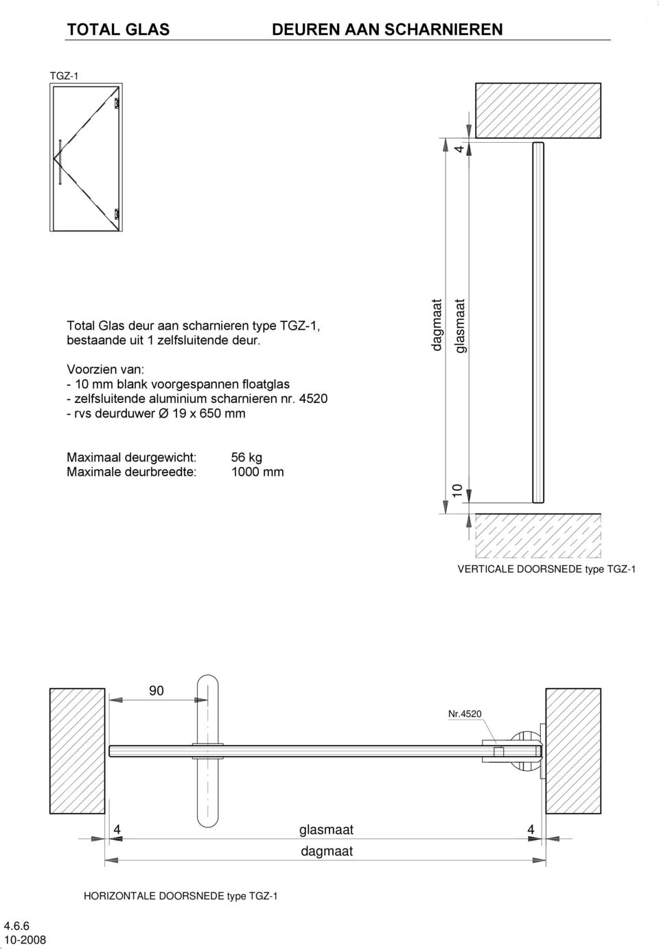 4520 - rvs deurduwer Ø 19 x 650 mm Maximaal deurgewicht: Maximale deurbreedte: 56 kg 1000 mm