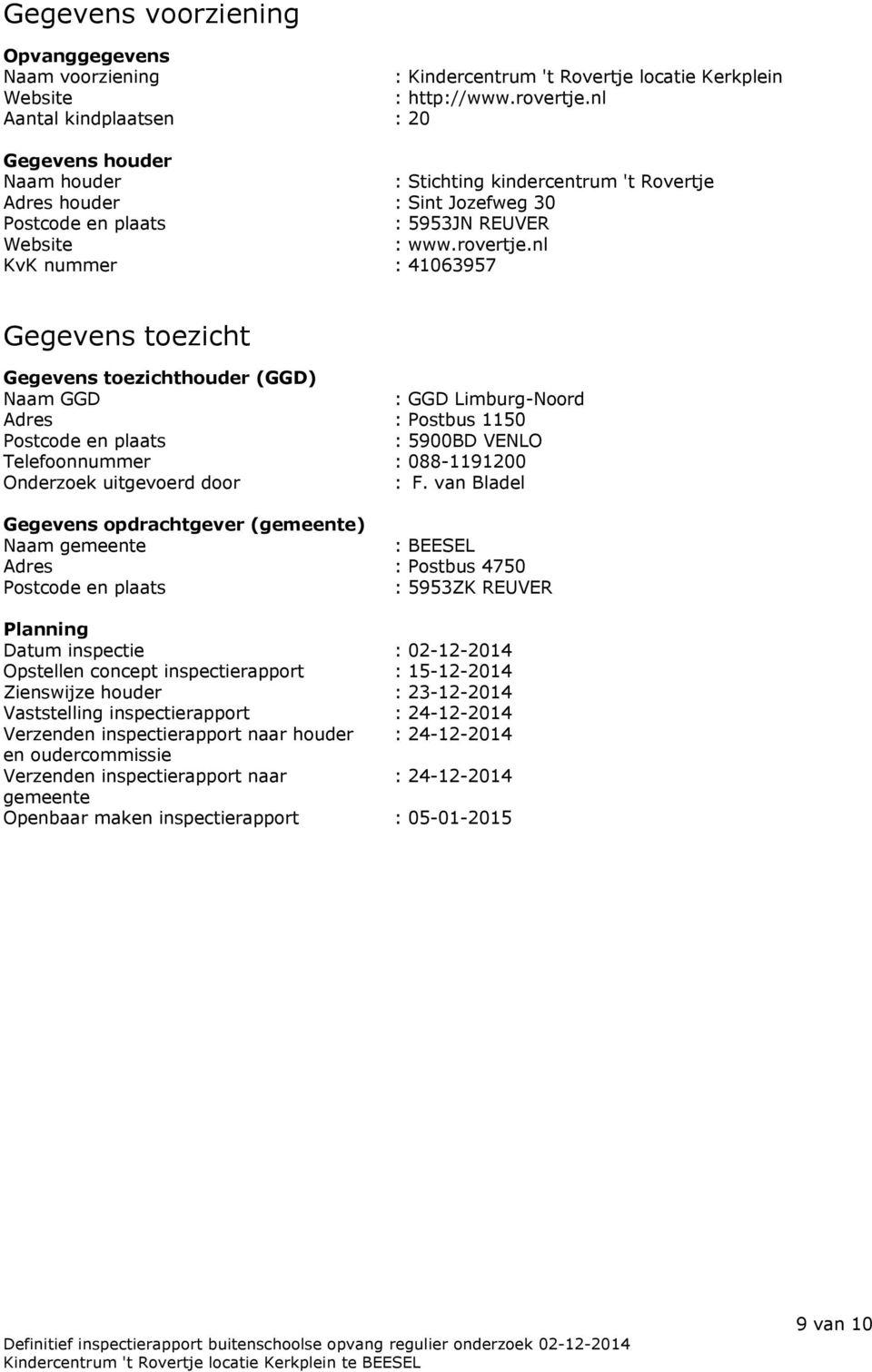 nl KvK nummer : 41063957 Gegevens toezicht Gegevens toezichthouder (GGD) Naam GGD : GGD Limburg-Noord Adres : Postbus 1150 Postcode en plaats : 5900BD VENLO Telefoonnummer : 088-1191200 Onderzoek