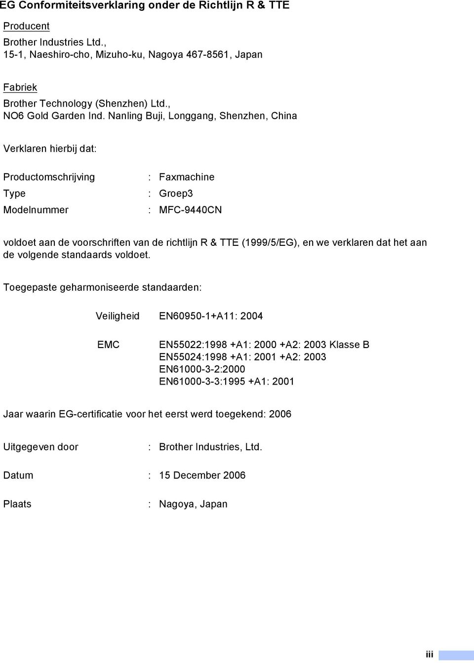 Nanling Buji, Longgang, Shenzhen, China Verklaren hierbij dat: Productomschrijving : Faxmachine Type : Groep3 Modelnummer : MFC-9440CN voldoet aan de voorschriften van de richtlijn R & TTE