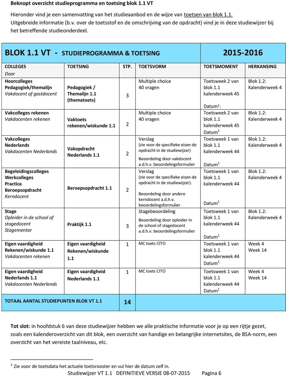 1 VT - STUDIEPROGRAMMA & TOETSING 2015-2016 COLLEGES Door Hoorcolleges Pedagogiek/themalijn Vakdocent of gastdocent Vakcolleges rekenen Vakdocenten rekenen Vakcolleges Nederlands Vakdocenten