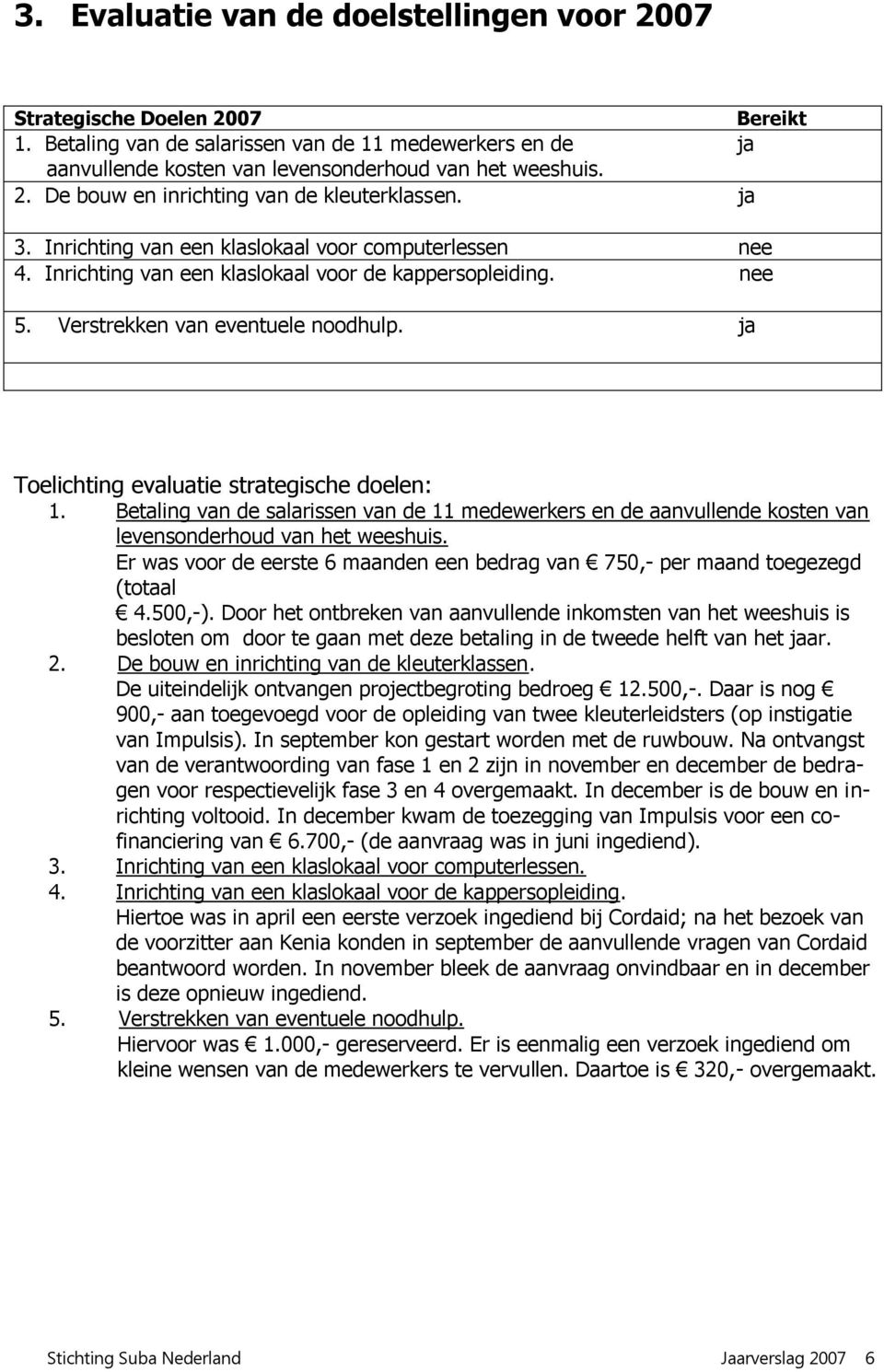 ja Toelichting evaluatie strategische doelen: 1. Betaling van de salarissen van de 11 medewerkers en de aanvullende kosten van levensonderhoud van het weeshuis.