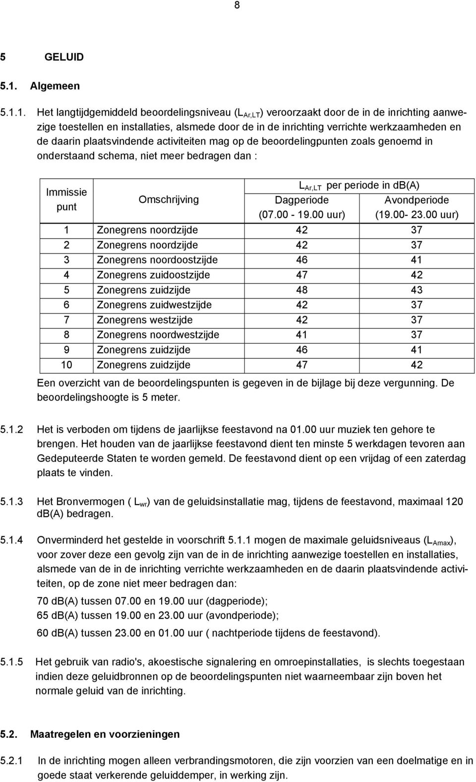 1. Het langtijdgemiddeld beoordelingsniveau (L Ar,LT ) veroorzaakt door de in de inrichting aanwezige toestellen en installaties, alsmede door de in de inrichting verrichte werkzaamheden en de daarin