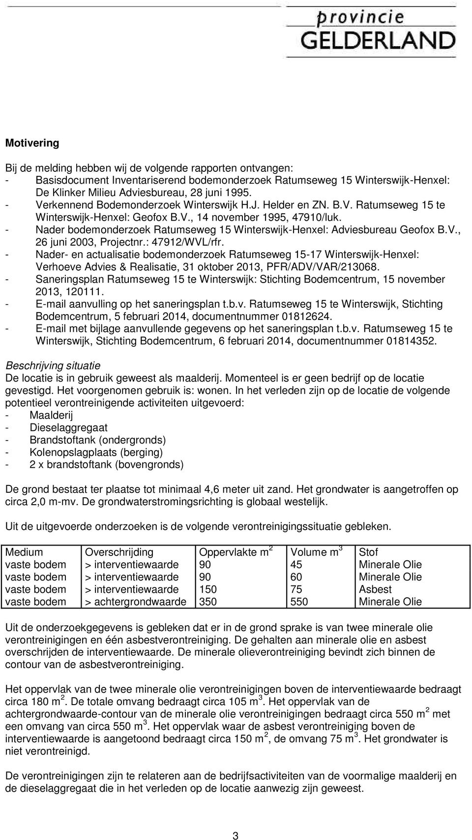 - Nader bodemonderzoek Ratumseweg 15 Winterswijk-Henxel: Adviesbureau Geofox B.V., 26 juni 2003, Projectnr.: 47912/WVL/rfr.