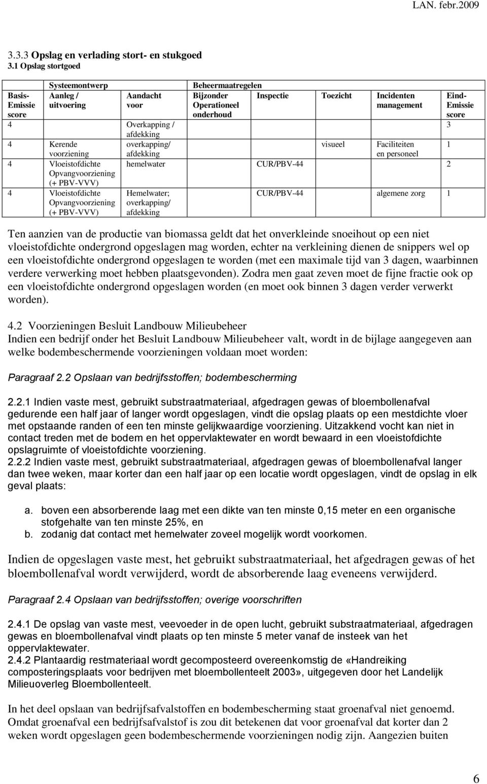 afdekking 4 Kerende overkapping/ visueel Faciliteiten 1 voorziening afdekking en personeel 4 Vloeistofdichte hemelwater CUR/PBV-44 2 Opvangvoorziening (+ PBV-VVV) 4 Vloeistofdichte Opvangvoorziening