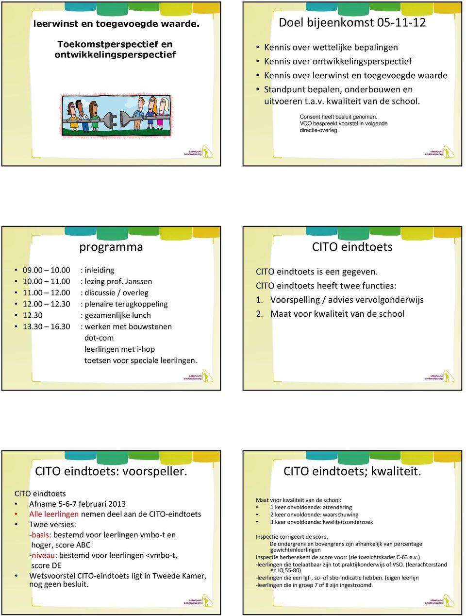 bepalen, onderbouwen en uitvoeren t.a.v. kwaliteit van de school. Consent heeft besluit genomen. VCO bespreekt voorstel in volgende directieoverleg. programma 09.00 10.00 : inleiding 10.00 11.