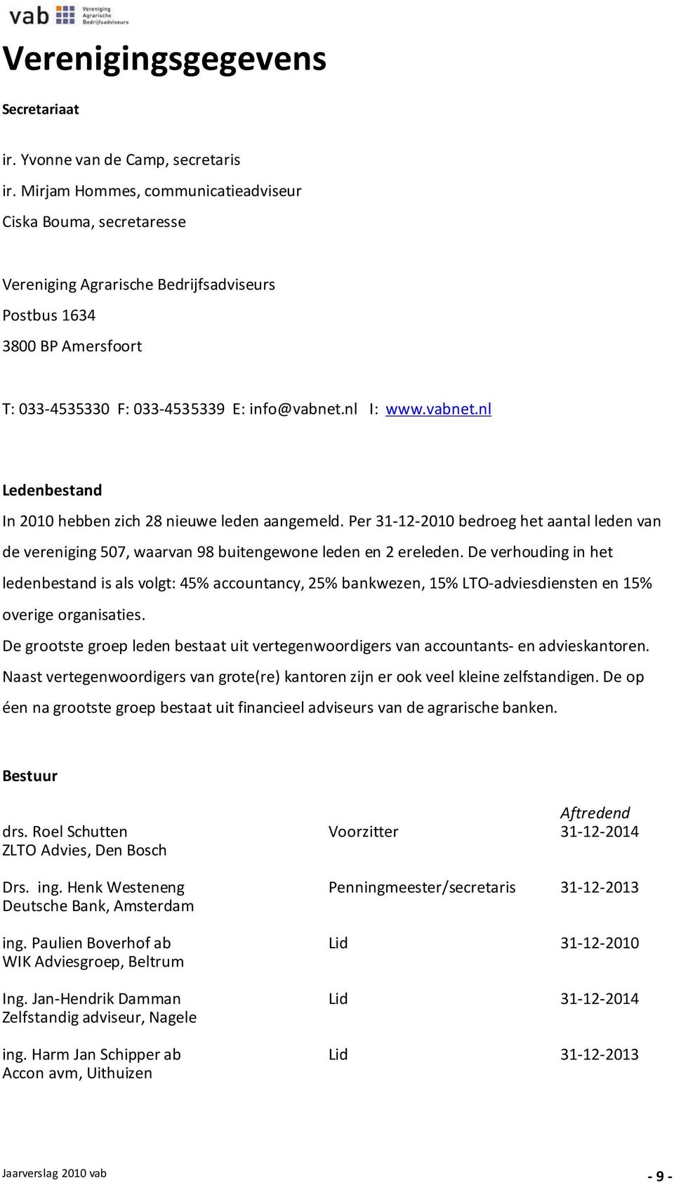 nl I: www.vabnet.nl Ledenbestand In 2010 hebben zich 28 nieuwe leden aangemeld. Per 31-12-2010 bedroeg het aantal leden van de vereniging 507, waarvan 98 buitengewone leden en 2 ereleden.