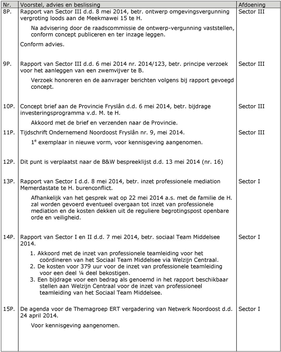 principe verzoek voor het aanleggen van een zwemvijver te B. Verzoek honoreren en de aanvrager berichten volgens bij rapport gevoegd concept. 10P. Concept brief aan de Provincie Fryslân d.d. 6 mei 2014, betr.