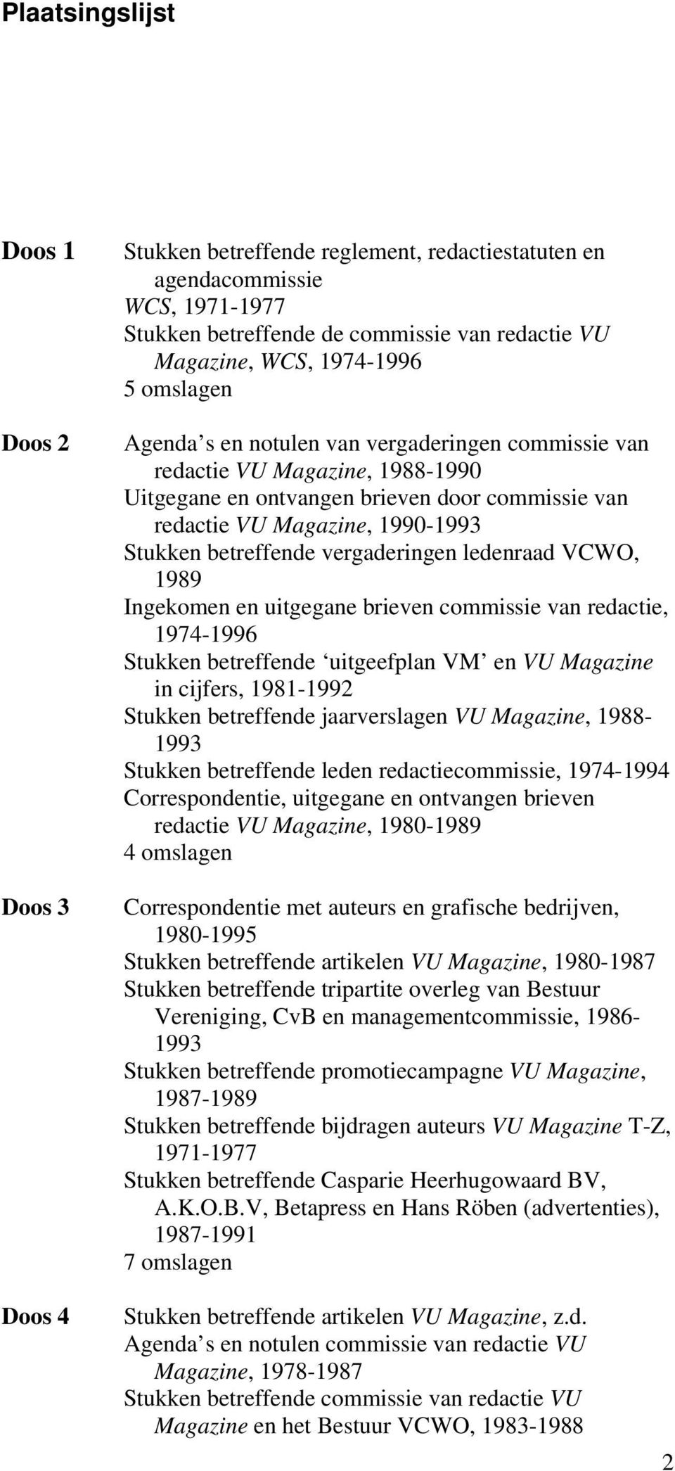 vergaderingen ledenraad VCWO, 1989 Ingekomen en uitgegane brieven commissie van redactie, 1974-1996 Stukken betreffende uitgeefplan VM en VU Magazine in cijfers, 1981-1992 Stukken betreffende