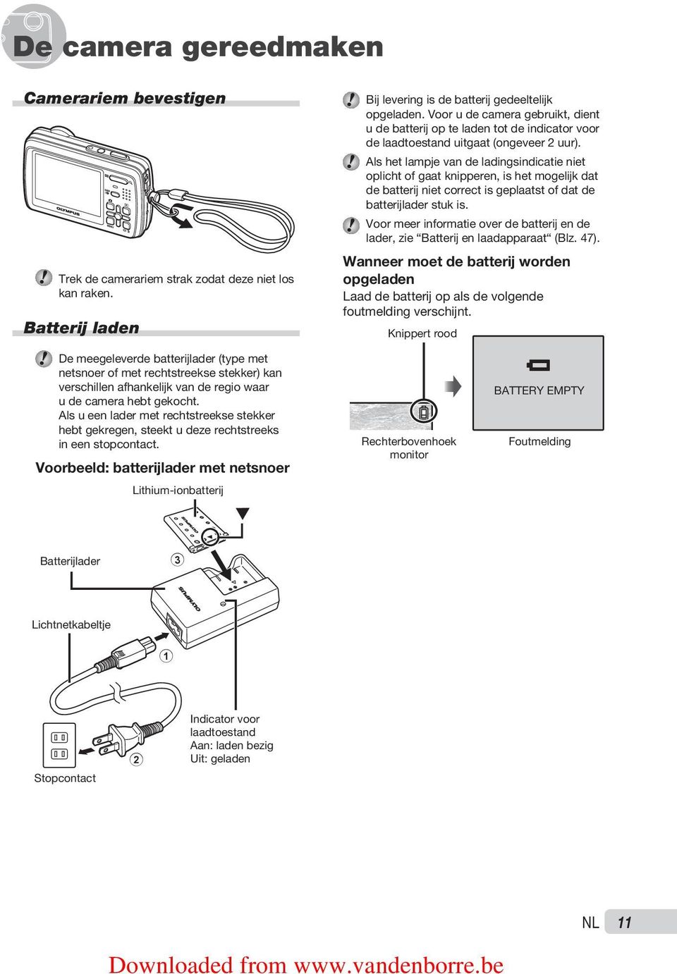 Als het lampje van de ladingsindicatie niet oplicht of gaat knipperen, is het mogelijk dat de batterij niet correct is geplaatst of dat de batterijlader stuk is.