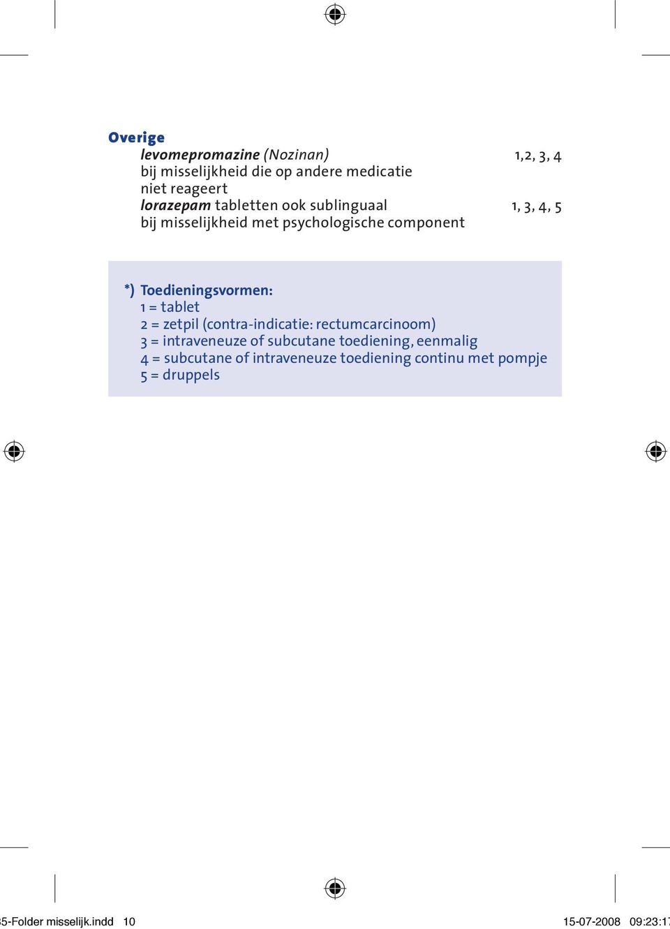 tablet 2 = zetpil (contra-indicatie: rectumcarcinoom) 3 = intraveneuze of subcutane toediening, eenmalig 4 =