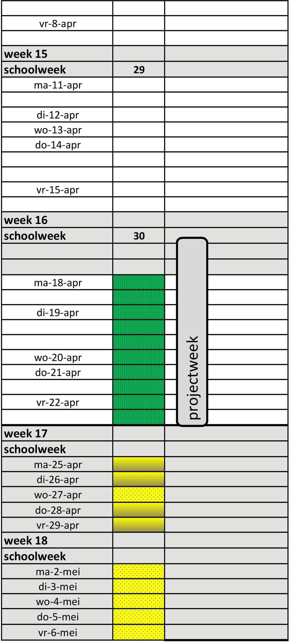 apr week 17 schoolweek ma 25 apr di 26 apr wo 27 apr do 28 apr vr 29 apr