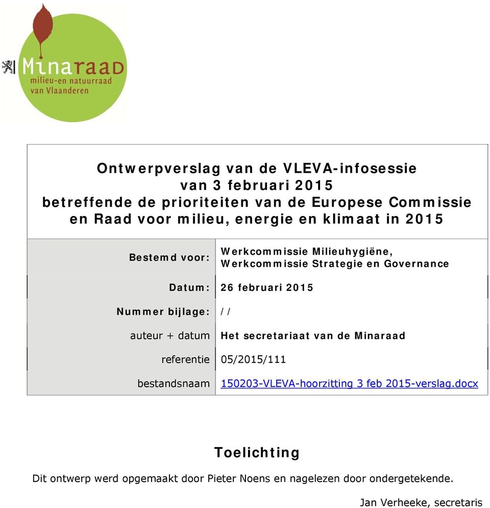 2015 Nummer bijlage: // auteur + datum Het secretariaat van de Minaraad referentie 05/2015/111 bestandsnaam 150203-VLEVA-hoorzitting 3