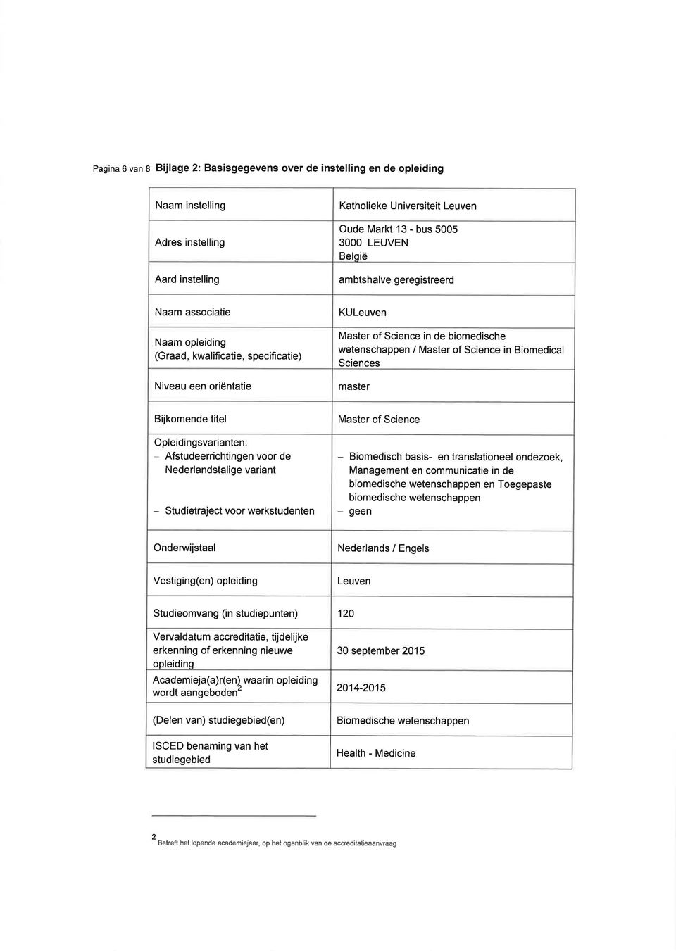 Biomedical Sciences master Bijkomende titel Opleidingsvarianten: Afstudeerrichtingen voor de Nederlandstalige variant - Studietraject voor werkstudenten Master of Science - Biomedisch basis- en