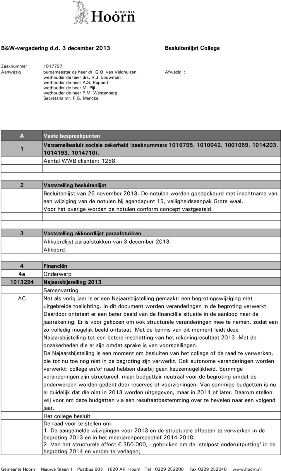 Mencke Afwezig : A 1 Vaste bespreekpunten Verzamelbesluit sociale zekerheid (zaaknummers 1016795, 1010042, 1001059, 1014203, 1014193, 1014710). Aantal WWB clienten: 1288.