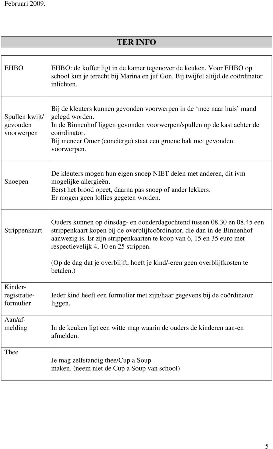 In de Binnenhof liggen gevonden voorwerpen/spullen op de kast achter de coördinator. Bij meneer Omer (conciërge) staat een groene bak met gevonden voorwerpen.