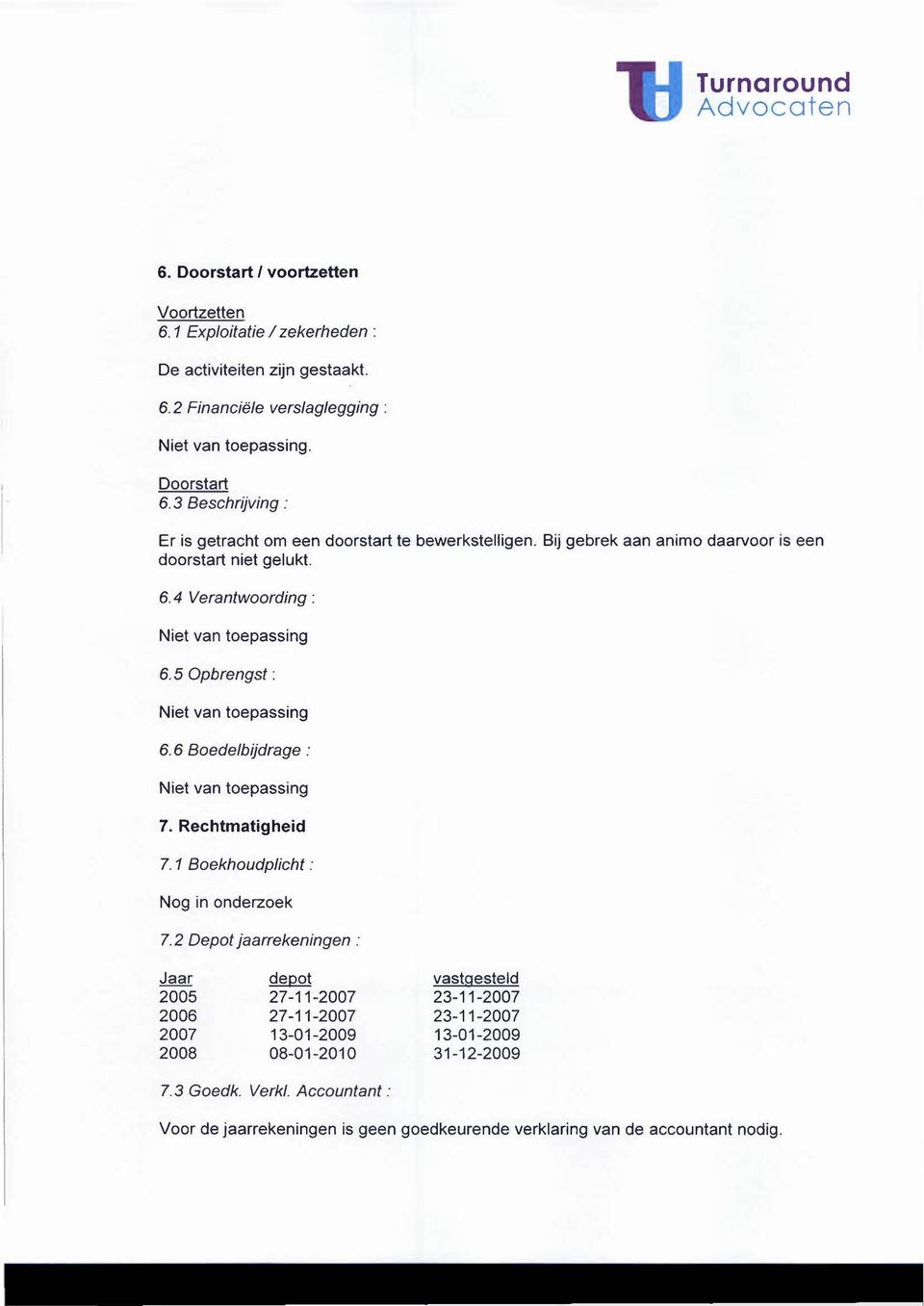 5 Opbrengst: 6.6 Boedelbijdrage : 7. Rechtmatigheid 7. 1 Boekhoudplicht : Nog in onderzoek 7.