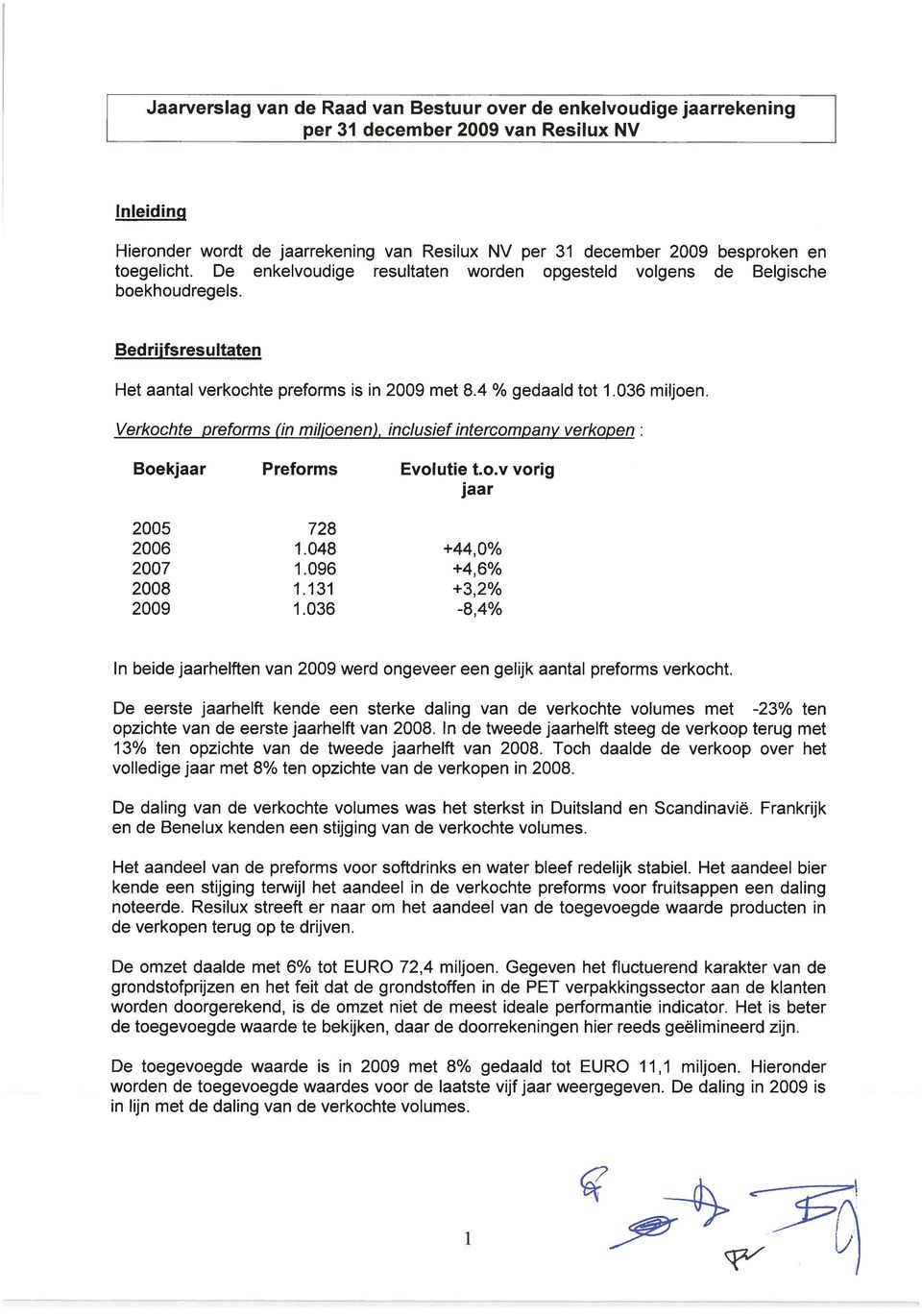 Verkochte preforms (in miljoenen), inclusief intercompany verkopen: Boekjaar Preforms Evolutie t.o.v vorig jaar 2005 728 2006 1.048 +44,0% 2007 1.096 +46% 2008 1.131 +3,2% 2009 1.