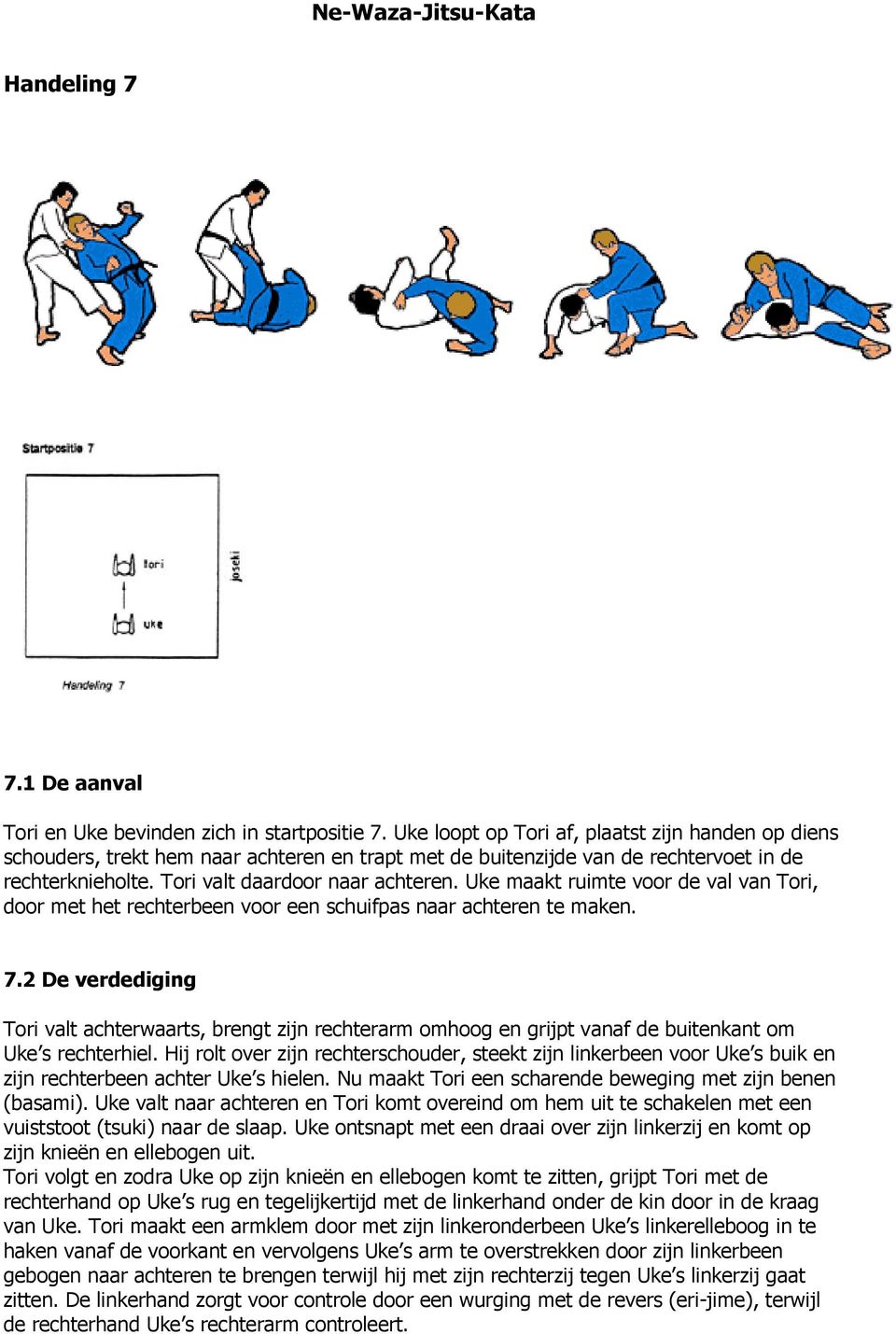 Uke maakt ruimte voor de val van Tori, door met het rechterbeen voor een schuifpas naar achteren te maken. 7.