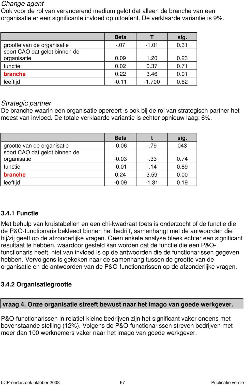 62 Strategic partner De branche waarin een organisatie opereert is ook bij de rol van strategisch partner het meest van invloed. De totale verklaarde variantie is echter opnieuw laag: 6%. Beta t sig.