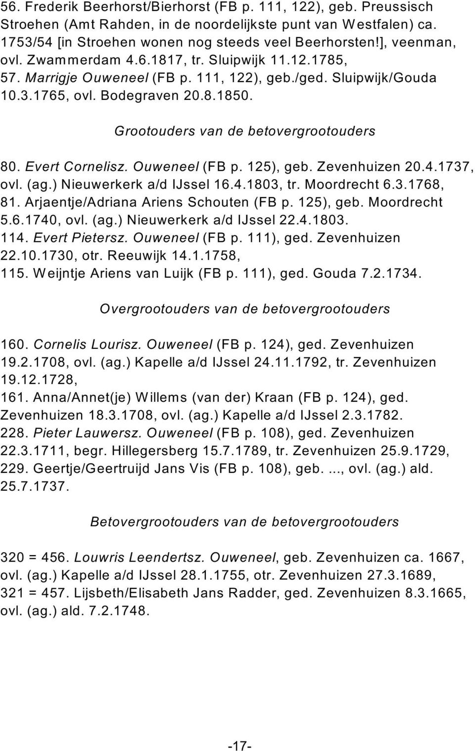 Grootouders van de betovergrootouders 80. Evert Cornelisz. Ouweneel (FB p. 125), geb. Zevenhuizen 20.4.1737, ovl. (ag.) Nieuwerkerk a/d IJssel 16.4.1803, tr. Moordrecht 6.3.1768, 81.