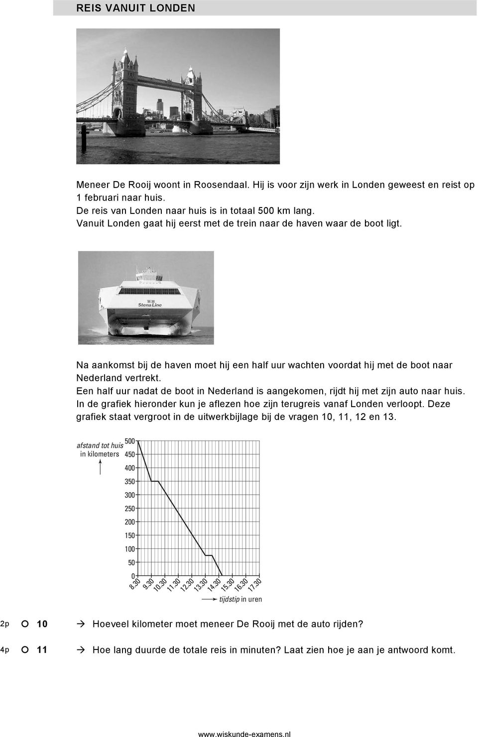 Een half uur nadat de boot in Nederland is aangekomen, rijdt hij met zijn auto naar huis. In de grafiek hieronder kun je aflezen hoe zijn terugreis vanaf Londen verloopt.