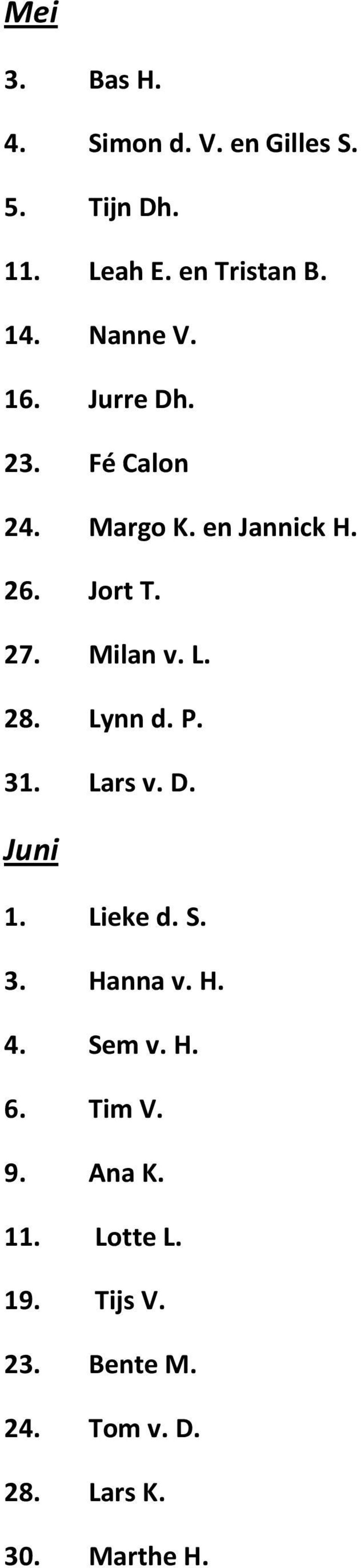 L. 28. Lynn d. P. 31. Lars v. D. Juni 1. Lieke d. S. 3. Hanna v. H. 4. Sem v. H. 6.