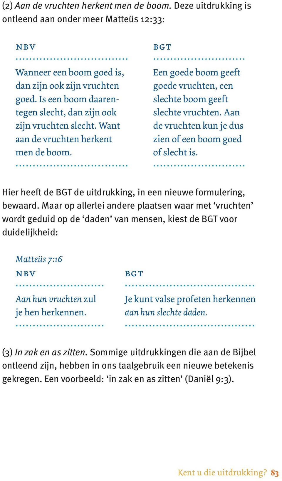 Aan de vruchten kun je dus zien of een boom goed of slecht is.... Hier heeft de BGT de uitdrukking, in een nieuwe formulering, bewaard.