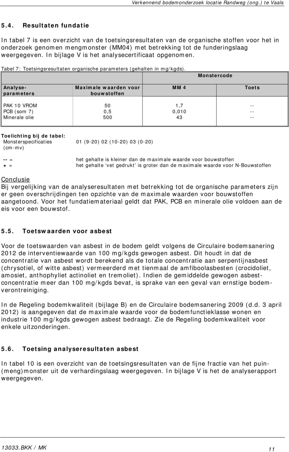 In bijlage V is het analysecertificaat opgenomen. Tabel 7: Toetsingsresultaten organische parameters (gehalten in mg/kgds).